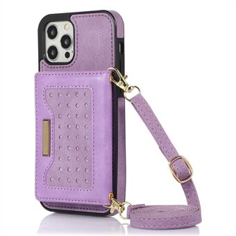 For iPhone 12/12 Pro 6,1 tommers Rhinestone Dekor lommebok Kickstand telefondeksel RFID-blokkerende lærbelagt TPU-deksel med skulderstropp