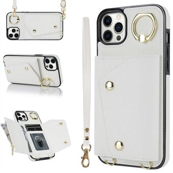 Telefonveske med lommebok med glidelås for iPhone 12 Pro Ring Stativ PU-skinnbelagt TPU-bakdeksel