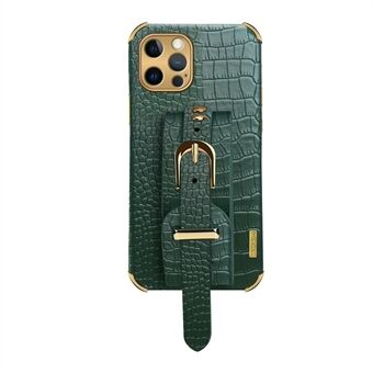 6D galvanisert krokodille tekstur håndleddsstropp PU lærbelagt TPU telefonveske til iPhone 12 Pro Max