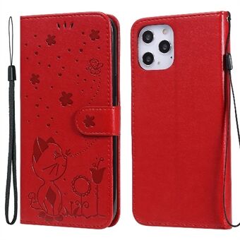 Imprint Cat and Bee Pattern Cover Case med stropp for iPhone 12 Pro Max 6,7 tommer
