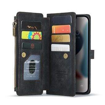 CASEME C30 Series Anti-Fall flere kortspor Glidelås lommebok PU-skinn telefonveske med Stand for iPhone 12 Pro Max 6,7 tommer - Svart