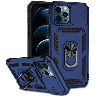 For iPhone 12 Pro Max 6,7 tommers stilig telefondeksel Ring Kickstand Hybrid PC + TPU-skall med skyvekamerabeskyttelsesdeksel