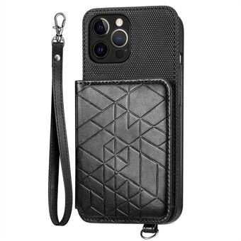 For iPhone 12 Pro Max 6,7 tommers Stativ PU-skinnbelagt TPU-telefonveske Geometri Preget anti Scratch lommebokdeksel med håndleddsstropp