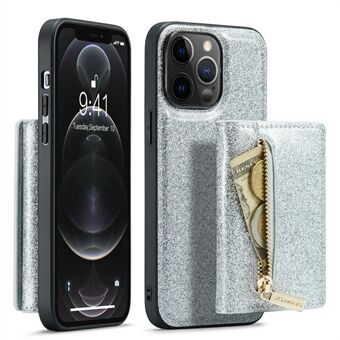 DG.MING M3 Series For iPhone 12 Pro Max 6,7 tommer 2-i-1 glitrende PU-skinnbelagt PC+TPU Støtsikkert bakdeksel Kickstand Magnetisk, avtagbar lommebokdeksel med glidelås