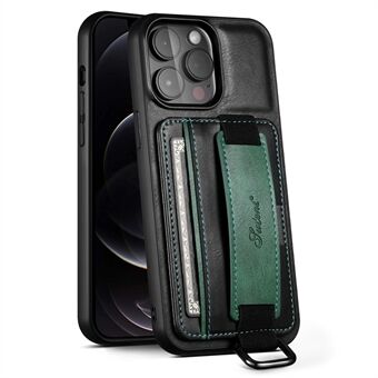 SUTENI H13 Phone Kickstand Case for iPhone 12 Pro Max Kortholder Lærbelagt PC + TPU håndstropp Telefondeksel