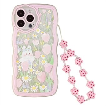 For iPhone 12 Pro Max Rabbit Blomstermønster Telefonveske Gjennomsiktig TPU bakdeksel med håndleddskjede