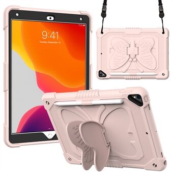 Butterfly Shape Kickstand Design Ensfarget PC + Silikon støtsikkert nettbrettdeksel med skulderstropp for iPad 10.2 (2021)/(2020)/(2019)
