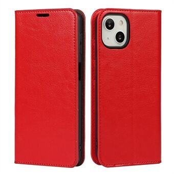 Crazy Horse Texture Full beskyttelse Ensfarget lommebokdesign Folio Flip-telefondeksel i ekte lær med Stand for iPhone 13 - Red
