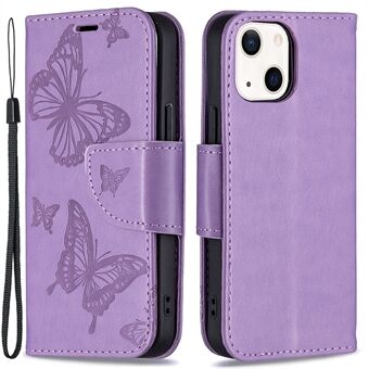 Imprint Butterfly PU Leather Flip Wallet Deksel med Stand og håndleddsstropp for iPhone 13 6,1 tommer