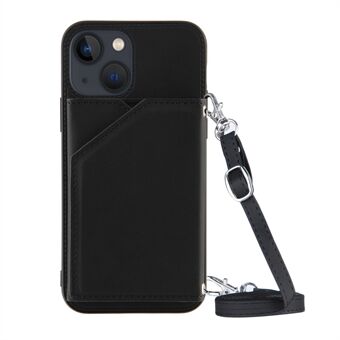 Skin-Touch Feel PU Leather + TPU Kickstand Kortholder Telefon Bakveske med skulderstropp for iPhone 13 6,1 tommer