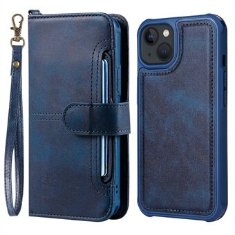 2-i-1 avtakbar anti-slipp flere kortspor Design lommebokknapplukking PU-skinntelefonveske for iPhone 13 - Navy Blue