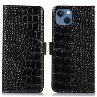 For iPhone 13 6.1 inch Crocodile Texture RFID Blocking Genuine Cowhide Leather Wallet Phone Cover, Bump Proof Stand Magnetic Flip Folio Case
