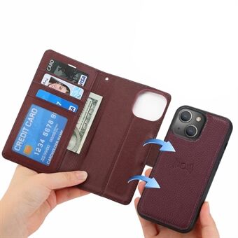 DOLISMA For iPhone 13 6.1 inch Detachable Wallet Litchi Texture Leather Phone Cover Inner Leather Coated TPU Case with Stand