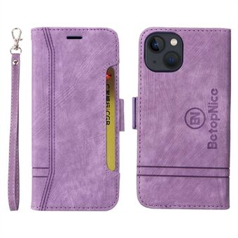 BETOPNICE 001 Stand lommebok lærveske for iPhone 13 6,1 tommer, påtrykt sømlinje Dobbel magnetlås telefondeksel med stropp