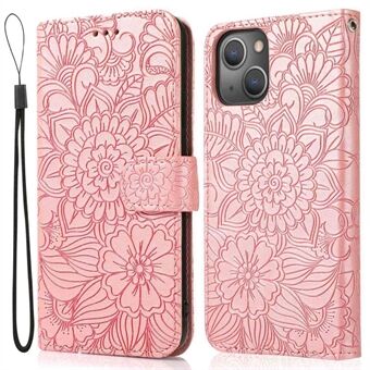 Full beskyttelse telefondeksel for iPhone 13 6,1 tommer, påtrykt blomstermønster PU- Stand Scratch flip lommebokdeksel med stropp