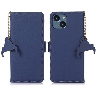 Lommebok telefonveske for iPhone 13 6,1 tommers sidemagnetisk lukking Stand i ekte skinn RFID-blokkerende telefonskall med kjededekorasjon