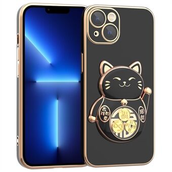 For iPhone 13 6,1 tommers galvaniseringstelefonveske Lucky Fortune Cat Kickstand TPU+PC Støtsikkert deksel med kameralinsebeskytter