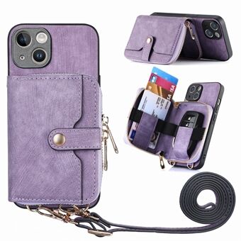 Glidelås lommebok telefon Stativdeksel for iPhone 13, PU-skinn+PC+TPU-deksel med snor