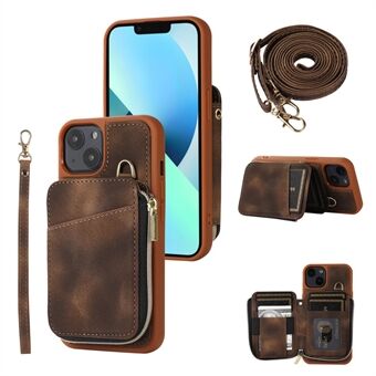 For iPhone 13 lommebokdeksel med glidelås Kickstand PU-skinn+TPU-veske Mobiltelefon Guard Shell