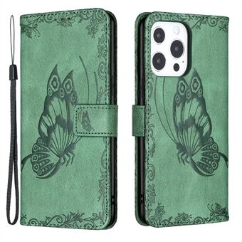 Imprint Butterfly Flower PU-skinnlommebok Folio Flip Stand Beskyttelsesveske med magnetisk håndleddsstropp for iPhone 13 Pro 6,1 tommer