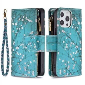 BF03 mønsterutskrift Stand Full dekning telefondeksel med håndleddsstropp og lommebok med glidelås for iPhone 13 Pro 6,1 tommer
