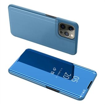 Elektroplettering Speil Overflate Skinn Telefonveske Stand Shell med utsiktsvindu for iPhone 13 Pro - Sky Blue