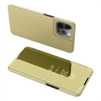 Elektroplettering Speil Overflate Skinn Telefonveske Stand Shell med utsiktsvindu for iPhone 13 Pro - Gold