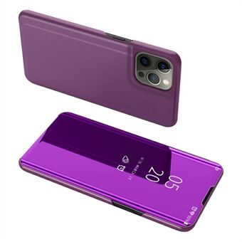 Elektroplettering Speil Overflate Skinn Telefonveske Stand Shell med utsiktsvindu for iPhone 13 Pro - Purple
