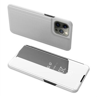 Elektroplettering Speil Overflate Skinn Telefonveske Stand Shell med utsiktsvindu for iPhone 13 Pro - Silver