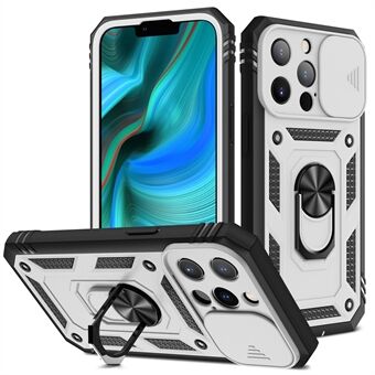 Anti-dråpe godt beskyttet kameraslider Design Metall Kickstand 3-i-1 TPU + PC-telefondeksel for iPhone 13 Pro - White/Black