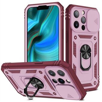 Anti-dråpe godt beskyttet kameraslider Design Metall Kickstand 3-i-1 TPU + PC-telefondeksel for iPhone 13 Pro - Pink