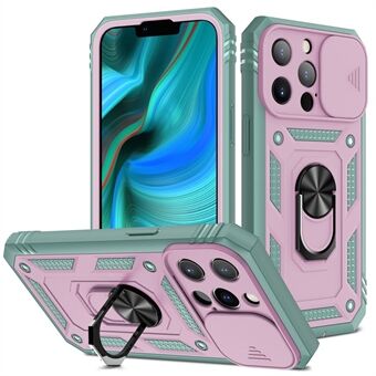 Anti-dråpe godt beskyttet kameraslider Design Metall Kickstand 3-i-1 TPU + PC-telefondeksel for iPhone 13 Pro - Pink/Green