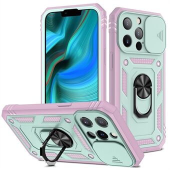 Anti-dråpe godt beskyttet kameraslider Design Metall Kickstand 3-i-1 TPU + PC-telefondeksel for iPhone 13 Pro - Green/Pink