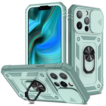 Anti-dråpe godt beskyttet kameraslider Design Metall Kickstand 3-i-1 TPU + PC-telefondeksel for iPhone 13 Pro - Green