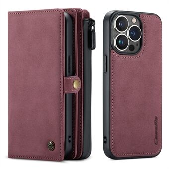 Stand 018 Series Multi-Slot Design Matt Overflate Lommebokstativ Skinn 2-i-1 avtakbart telefondekselveske for iPhone 13 Pro - Wine Red