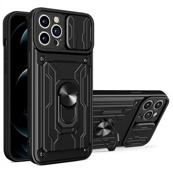 Avtakbar kortspor Hard PC + Myk TPU-telefonveske Kickstand Hybrid-deksel med kamera-skyvedeksel for iPhone 13 Pro - Black