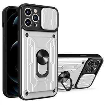 Avtakbar kortspor Hard PC + Myk TPU-telefonveske Kickstand Hybrid-deksel med kamera-skyvedeksel for iPhone 13 Pro - White