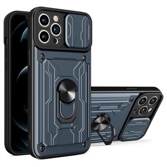 Avtakbar kortspor Hard PC + Myk TPU-telefonveske Kickstand Hybrid-deksel med kamera-skyvedeksel for iPhone 13 Pro - Titanium Grey