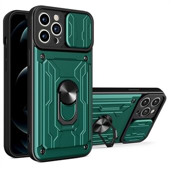 Avtakbar kortspor Hard PC + Myk TPU-telefonveske Kickstand Hybrid-deksel med kamera-skyvedeksel for iPhone 13 Pro - Blackish Green