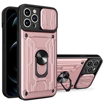 Avtakbar kortspor Hard PC + Myk TPU-telefonveske Kickstand Hybrid-deksel med kamera-skyvedeksel for iPhone 13 Pro - Rose Gold