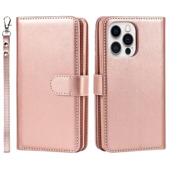 Detachable PU Leather Wallet Stand Case Non-slip Grip Phone Shell with Wrist Strap for iPhone 13 Pro 6.1 inch