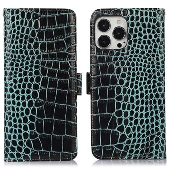 For iPhone 13 Pro 6.1 inch RFID Blocking Genuine Cowhide Leather Wallet Phone Cover, Drop Proof Crocodile Texture Stand Magnetic Flip Folio Case