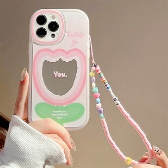 For iPhone 13 Pro TPU-deksel Gradient rosa blomstermønster speildesign telefonveske med håndleddsstropp