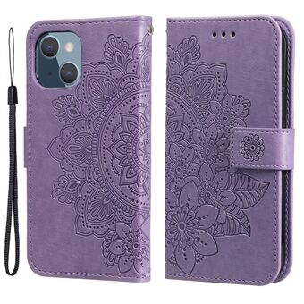 Flower Imprinting Wallet Anti- Scratch Lær Telefon Stand Protector Case for iPhone 13 mini 5,4 tommer
