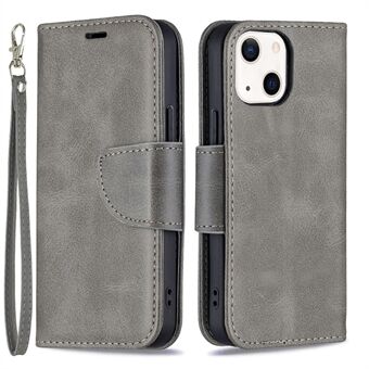 Ensfarget lommebokveske i skinn Telefonskall med stropp for iPhone 13 mini - Grey
