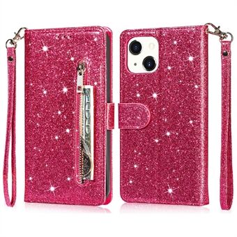 Glitter paljetter All-round beskyttelse Magnetisk lås Glidelås lomme lommebok Flip skinn telefondeksel med Stand for iPhone 13 Mini - Rose