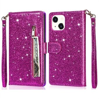 Glitter paljetter All-round beskyttelse Magnetisk lås Glidelås lomme lommebok Flip skinn telefondeksel med Stand for iPhone 13 Mini - Purple