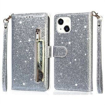 Glitter paljetter All-round beskyttelse Magnetisk lås Glidelås lomme lommebok Flip skinn telefondeksel med Stand for iPhone 13 Mini - Grey