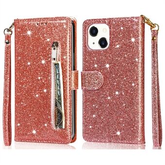 Glitter paljetter All-round beskyttelse Magnetisk lås Glidelås lomme lommebok Flip skinn telefondeksel med Stand for iPhone 13 Mini - Rose Gold