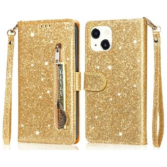 Glitter paljetter All-round beskyttelse Magnetisk lås Glidelås lomme lommebok Flip skinn telefondeksel med Stand for iPhone 13 Mini - Gold